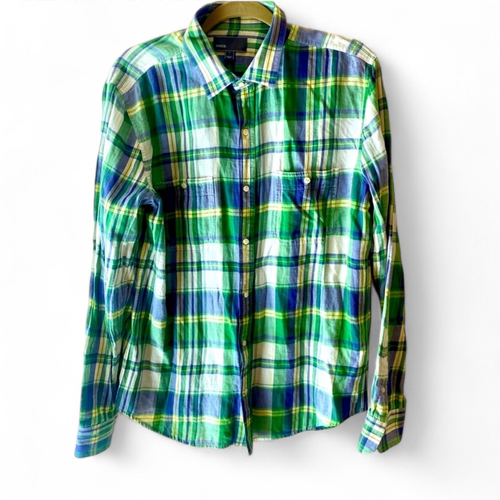THEORY MENS PLAID LONG SLEEVE BUTTON DOWN SHIRT PREPPY SIZE LARGE